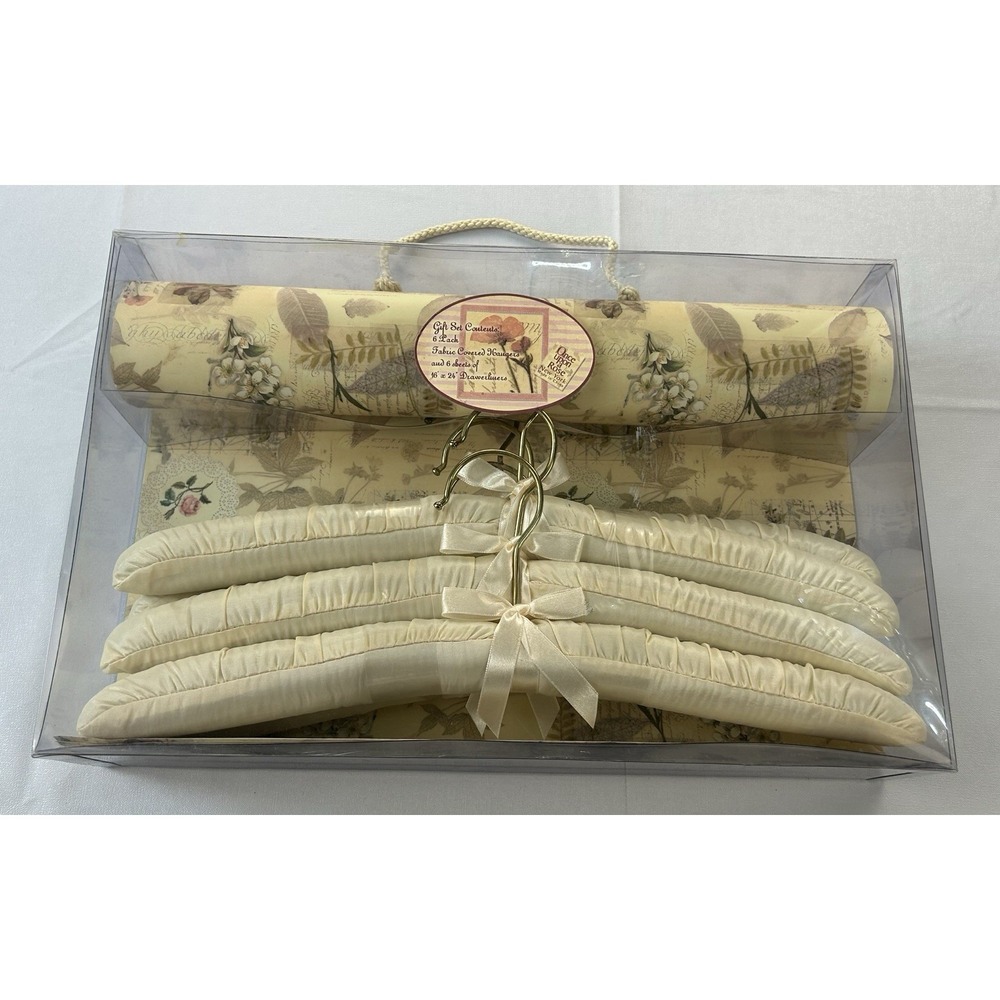 Once Upon A Rose Hanger & Drawer Liner Gift Set 6 Satin Hangers Floral